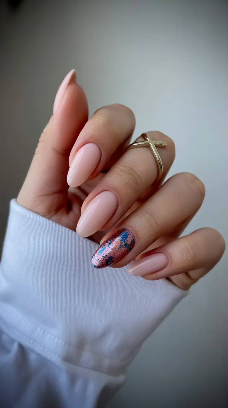 modern spring nails for pale skin 2026 Sheer Nude Almond with Metallic Foil Accent