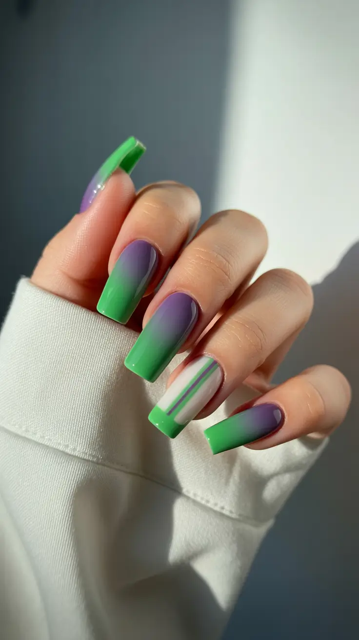 modern spring nails for pale skin 2026 Lavender-Mint Gradient with Graphic Stripe