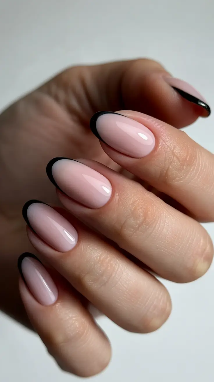 modern spring nails for pale skin 2026 Minimal Almond Nude with Micro Black Tips