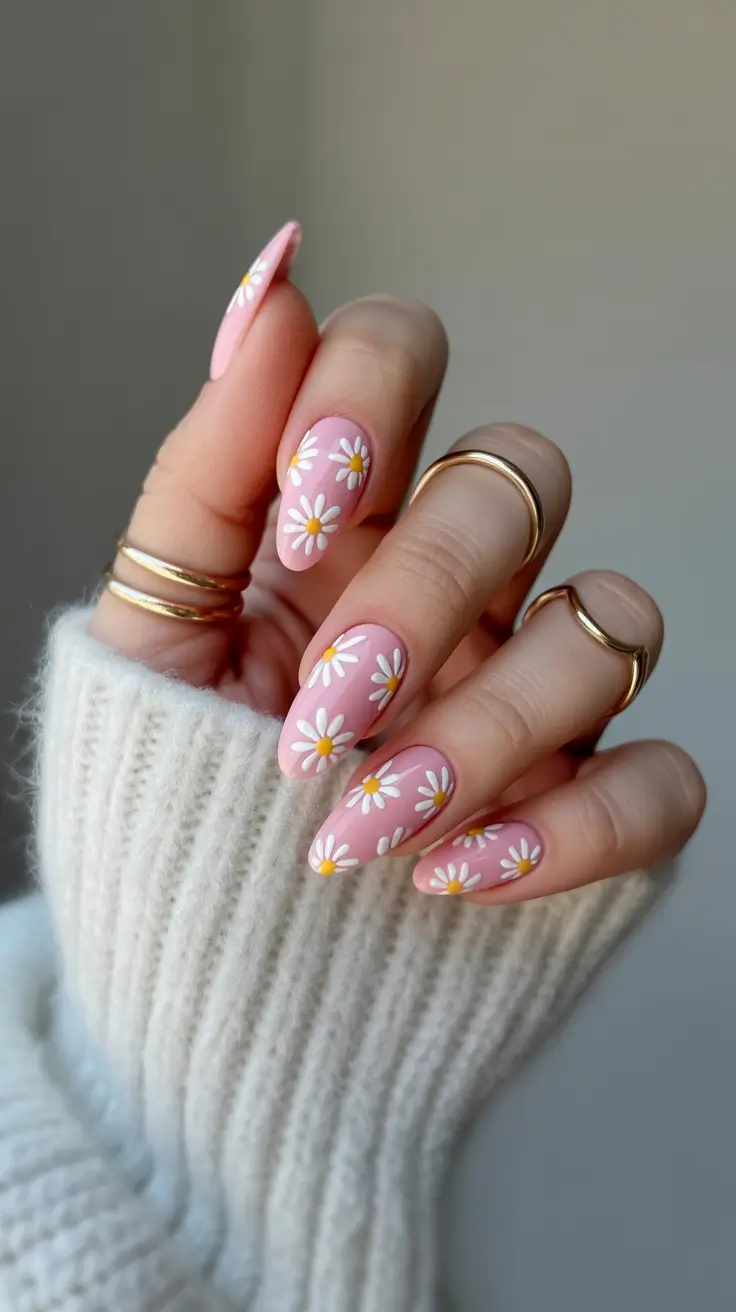 modern spring nails for pale skin 2026 Soft Pink Daisy Nails with Romantic Spring Mood