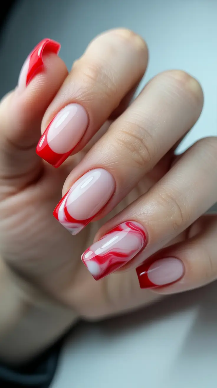 modern spring nails for pale skin 2026 Red Swirl French with Modern Marble Accent
