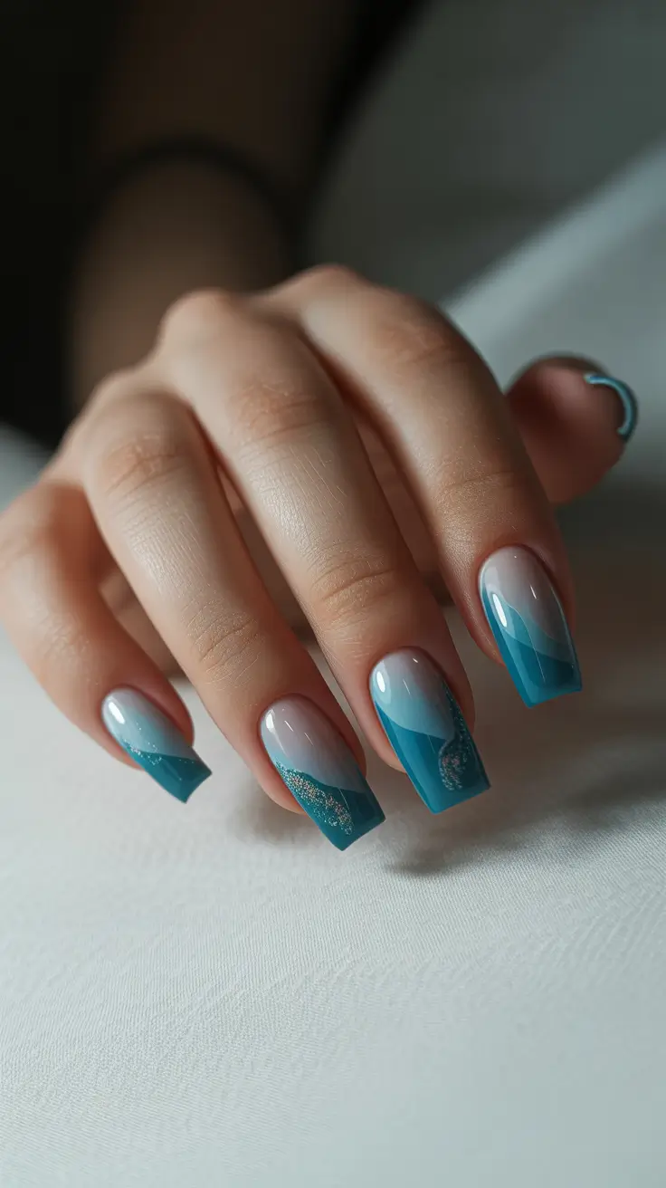 modern spring nails for pale skin 2026 Teal Gradient French with Subtle Glitter Detail