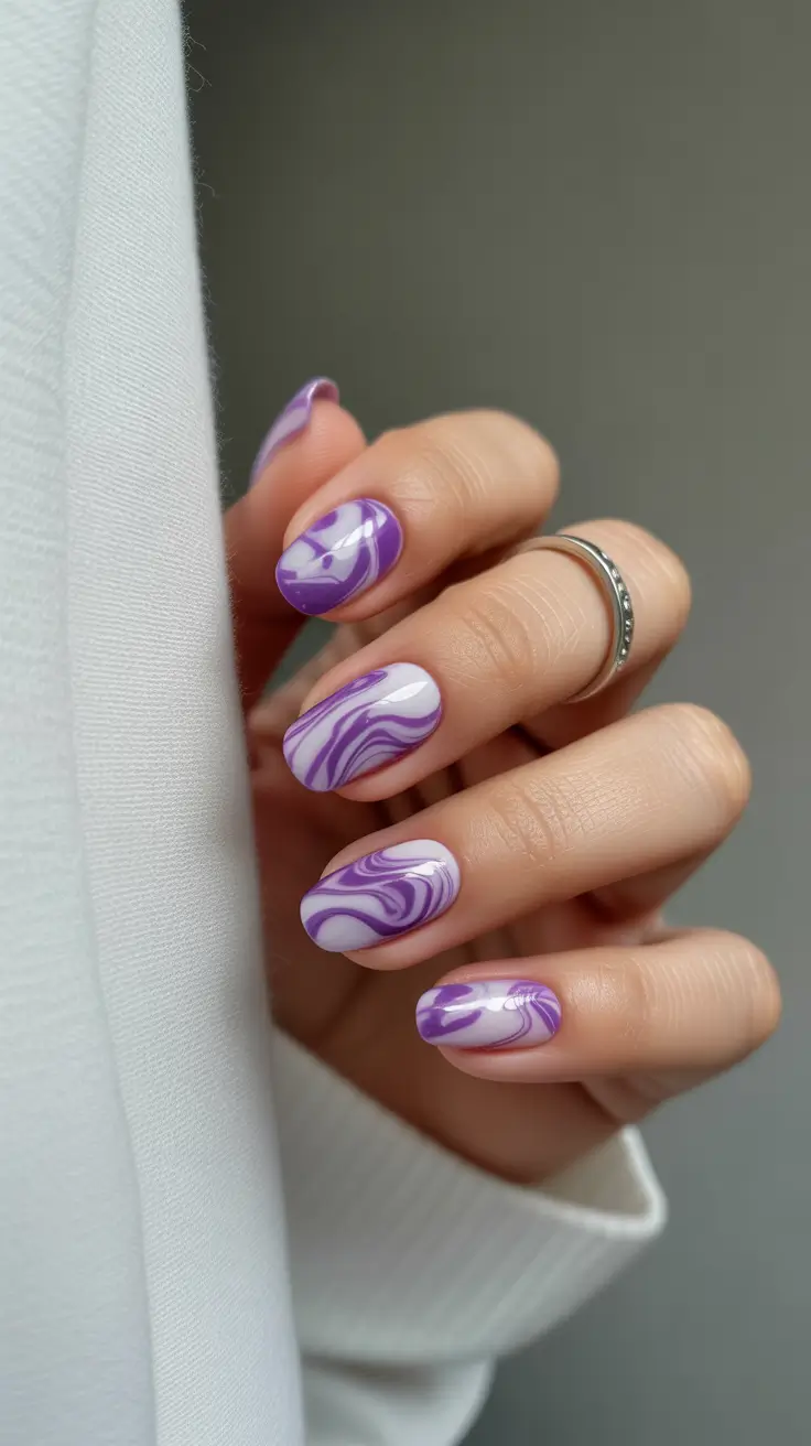 modern spring nails for pale skin 2026 Lavender Marble Short Nails with Artistic Flow