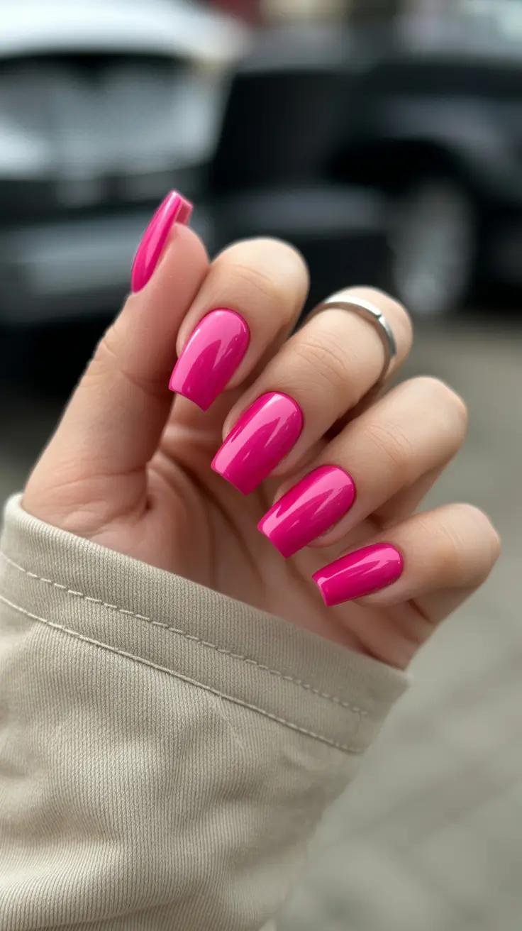 modern spring nails for tan skin 2026 Glossy Electric Pink Confidence