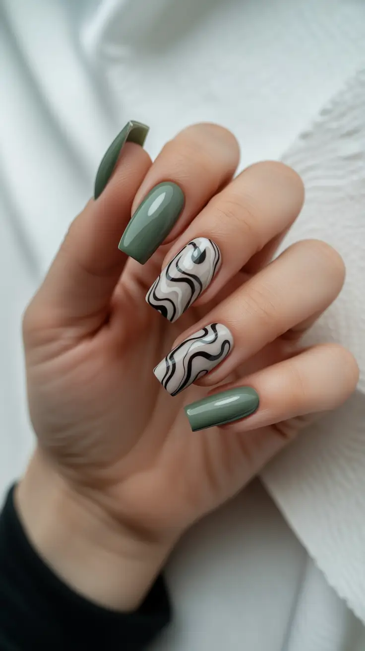 modern spring nails for tan skin 2026 Olive Green Waves Graphic Set