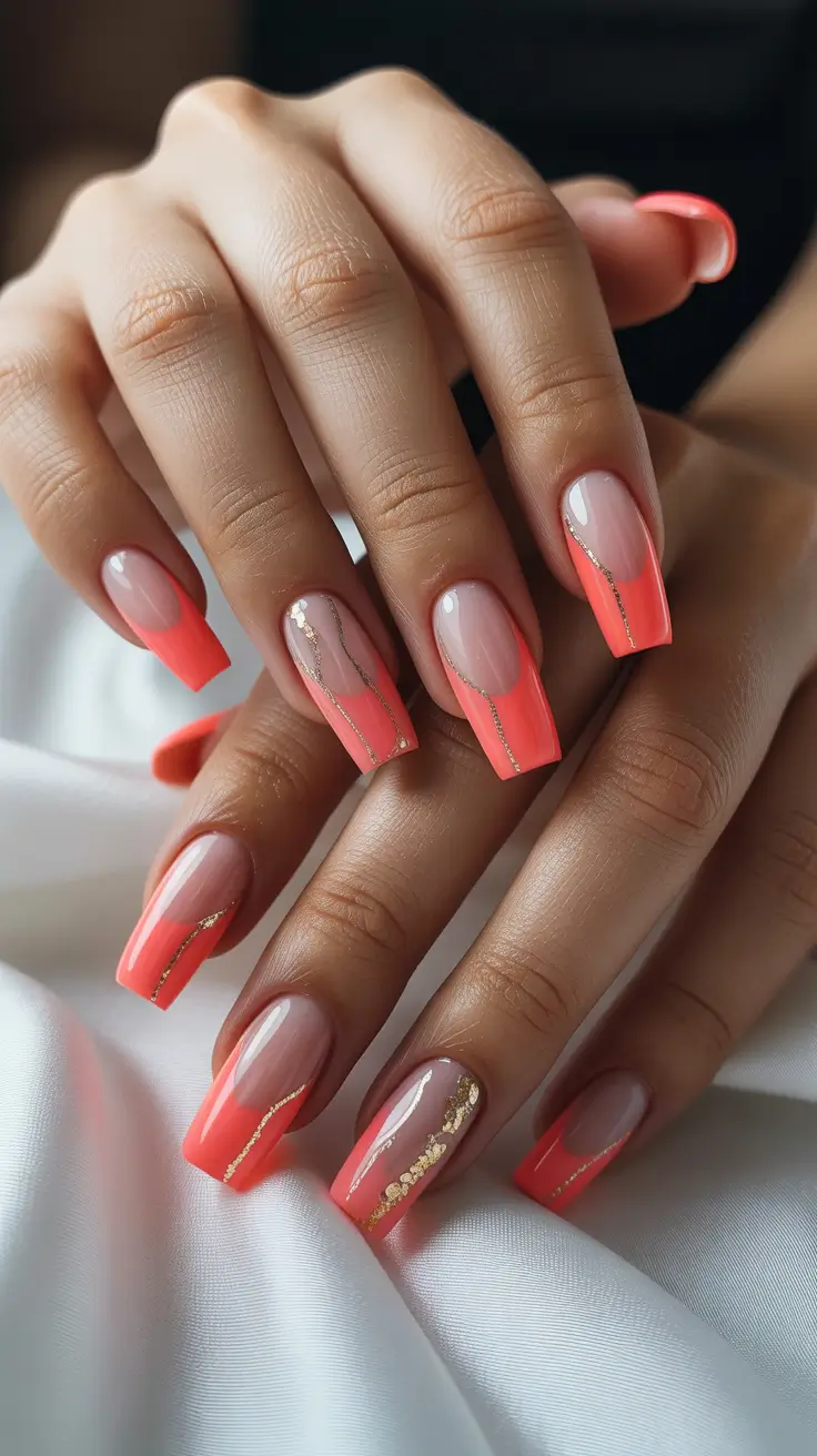 modern spring nails for tan skin 2026 Coral French Glow with Gold Flow Lines