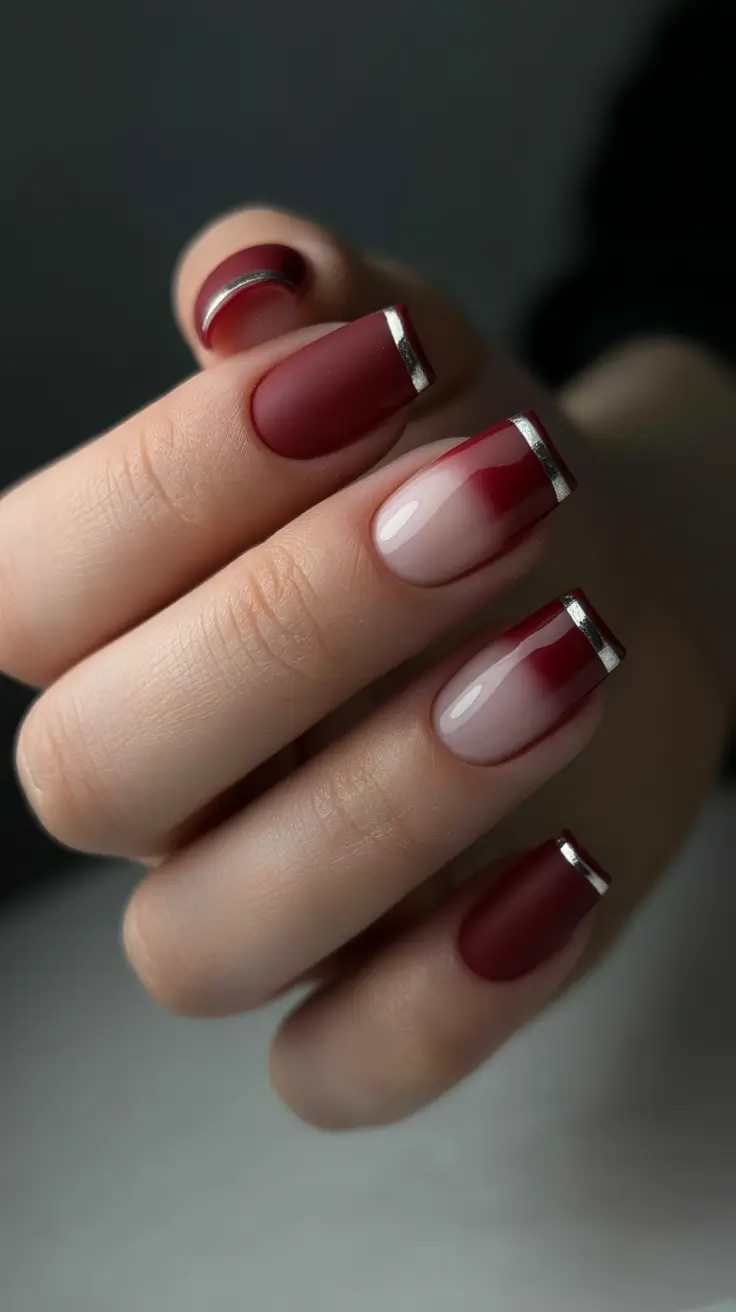 modern spring nails for tan skin 2026 Deep Cherry Fade with Chrome Edge