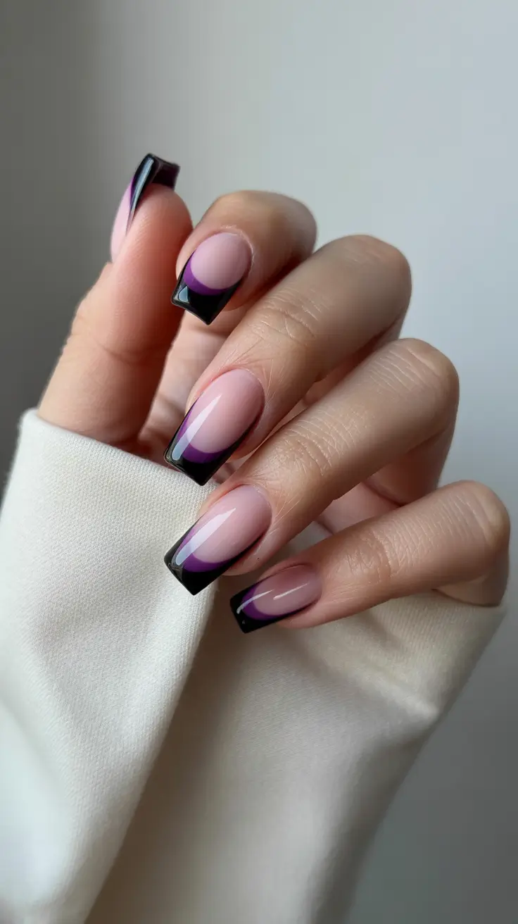 modern spring nails for tan skin 2026 Graphic Noir and Plum Contour French