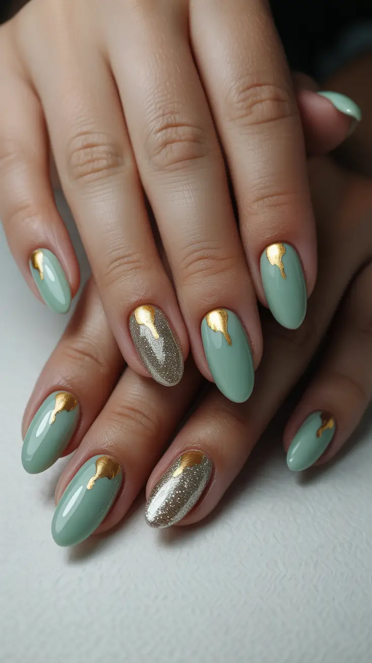modern spring nails for tan skin 2026 Sage Gloss and Liquid Gold Accent