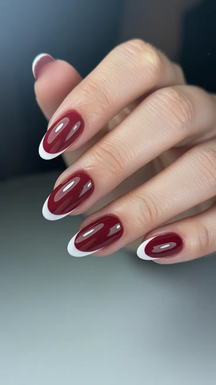 modern spring nails for tan skin 2026 Wine Jelly French with Crisp White Tips