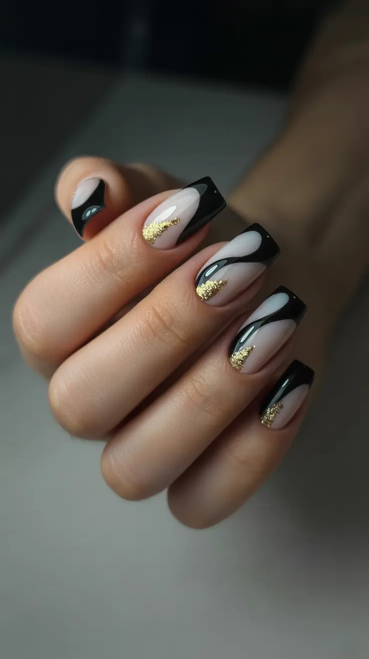 modern spring nails for tan skin 2026 Abstract Noir Waves with Gold Dust Detail