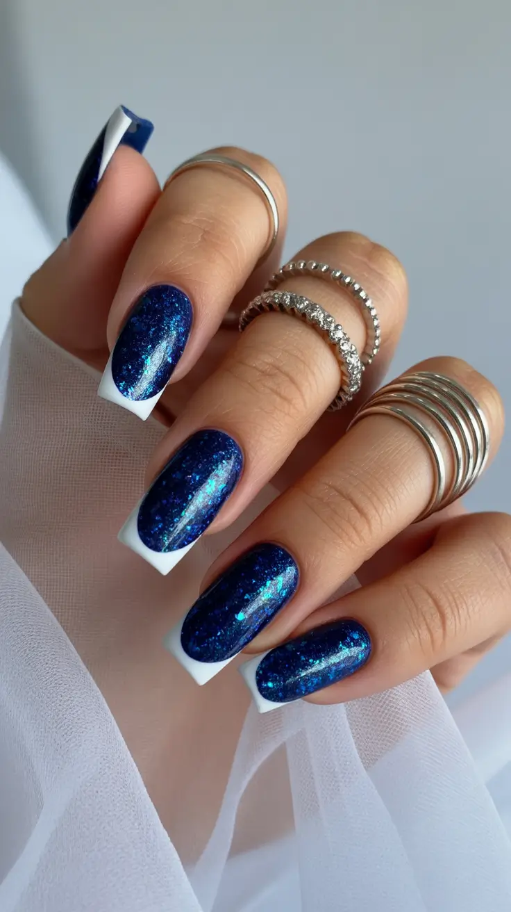 modern spring nails for tan skin 2026 Cosmic Sapphire Glitter French