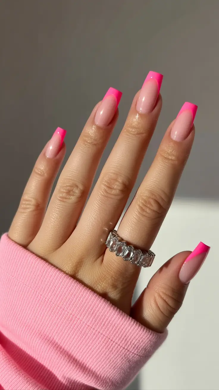 modern spring nails for tan skin 2026 Soft Nude Base with Neon French Pop