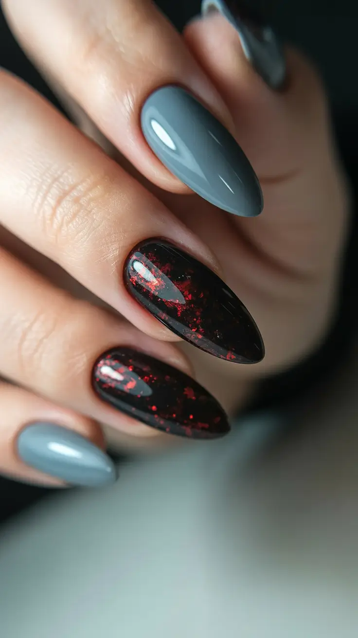 modern spring nails for tan skin 2026 Smoky Grey Meets Dark Sparkle Drama