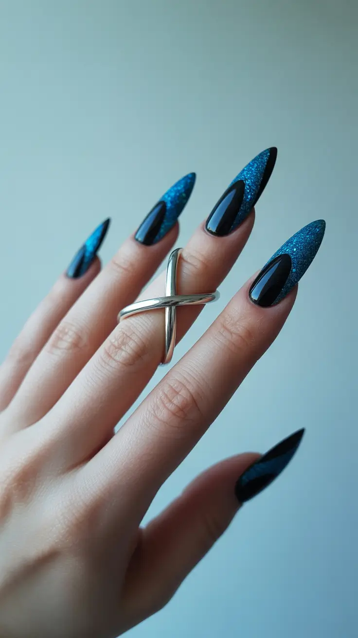 modern spring nails for tan skin 2026 Midnight Blue Glitter Stiletto Energy