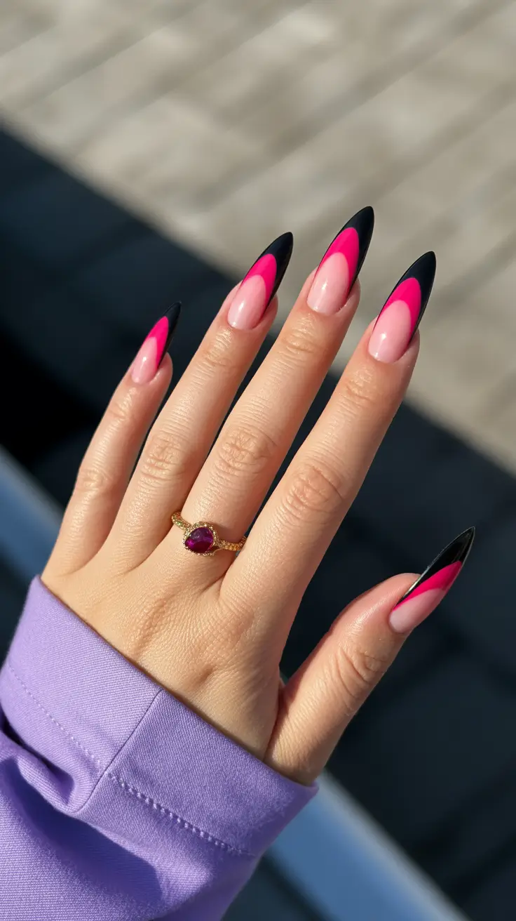 modern spring nails for tan skin 2026 Graphic Pink and Black Almond Statement