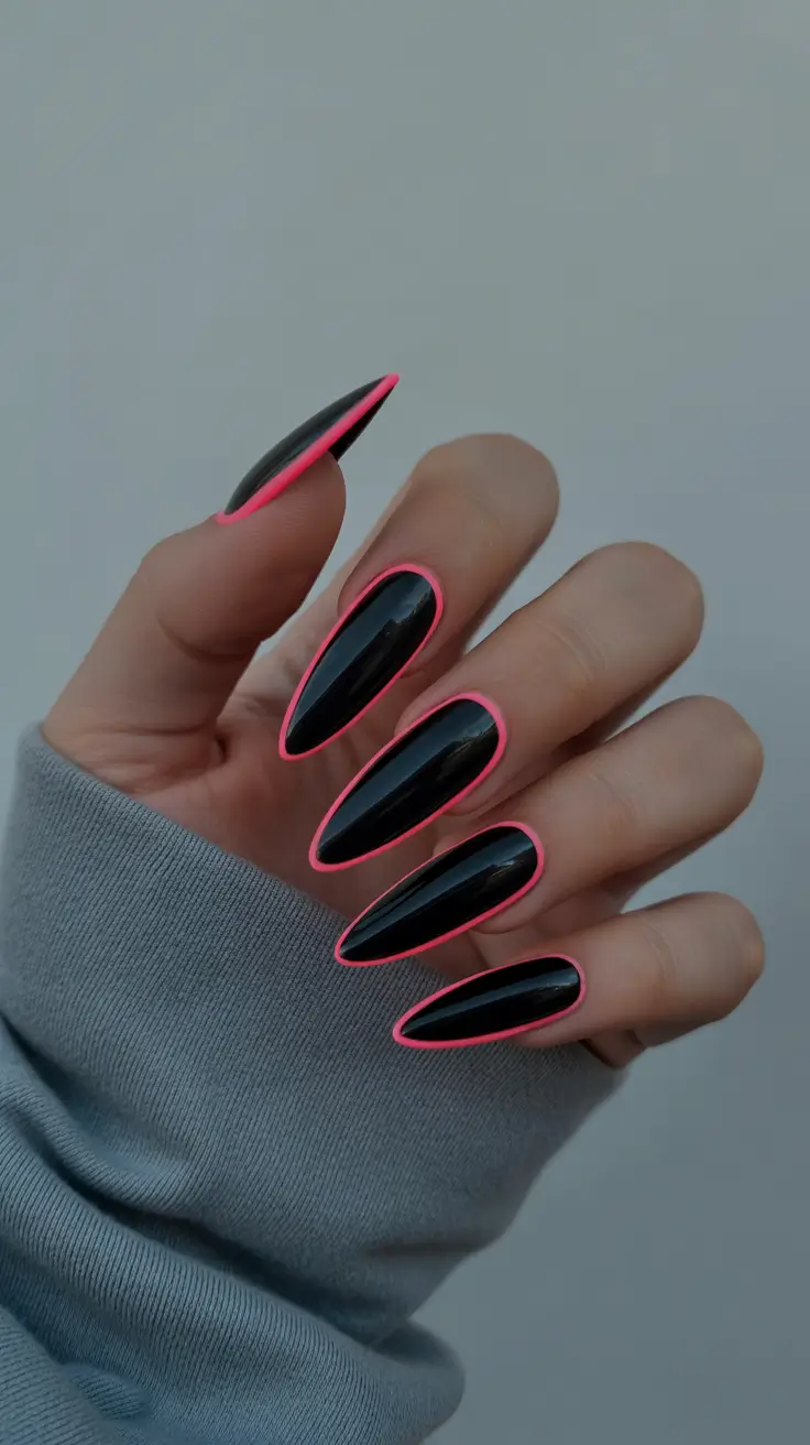 modern spring nails for tan skin 2026 Neon Outline Noir Stiletto Edge
