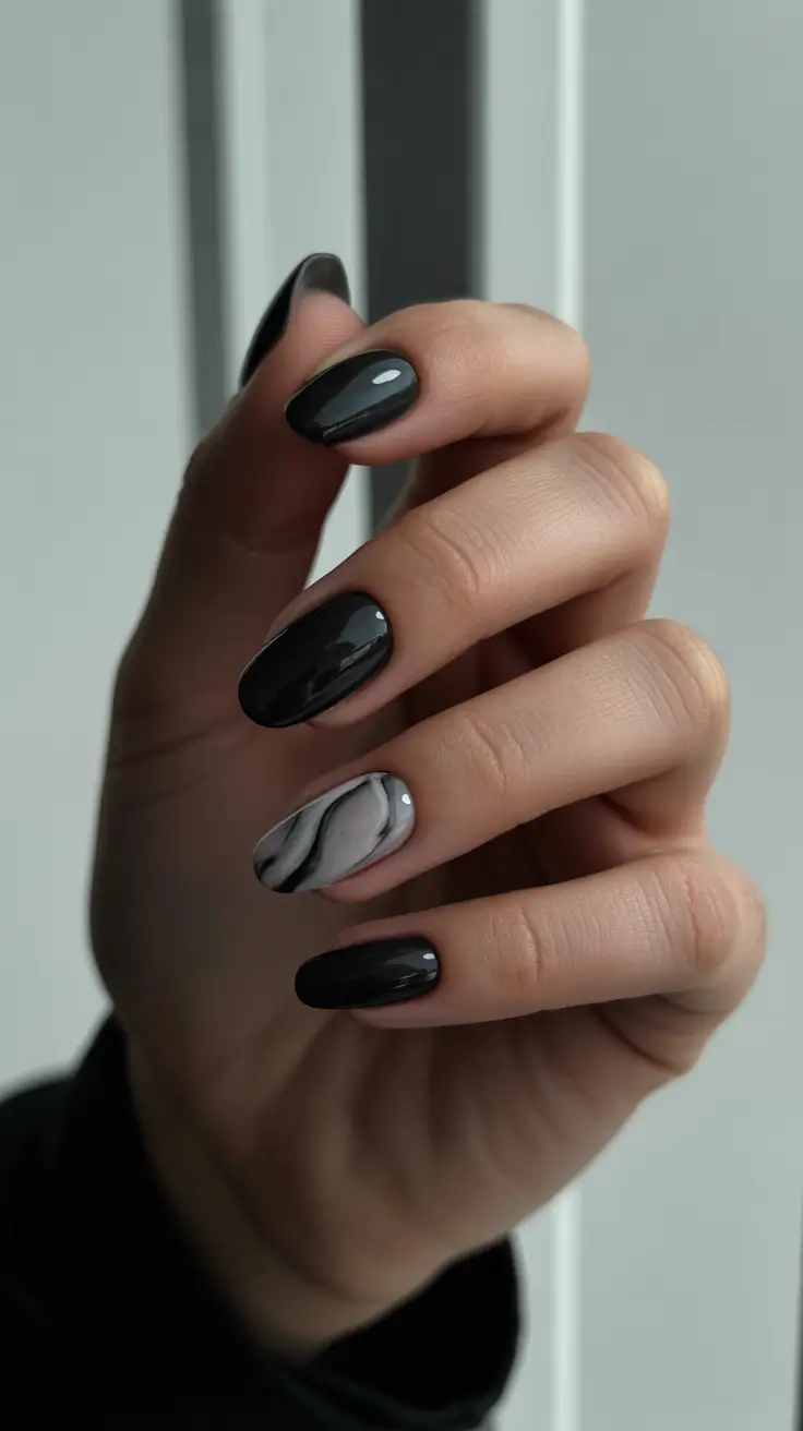 modern spring nails for tan skin 2026 Modern Marble Accent in Noir Gloss