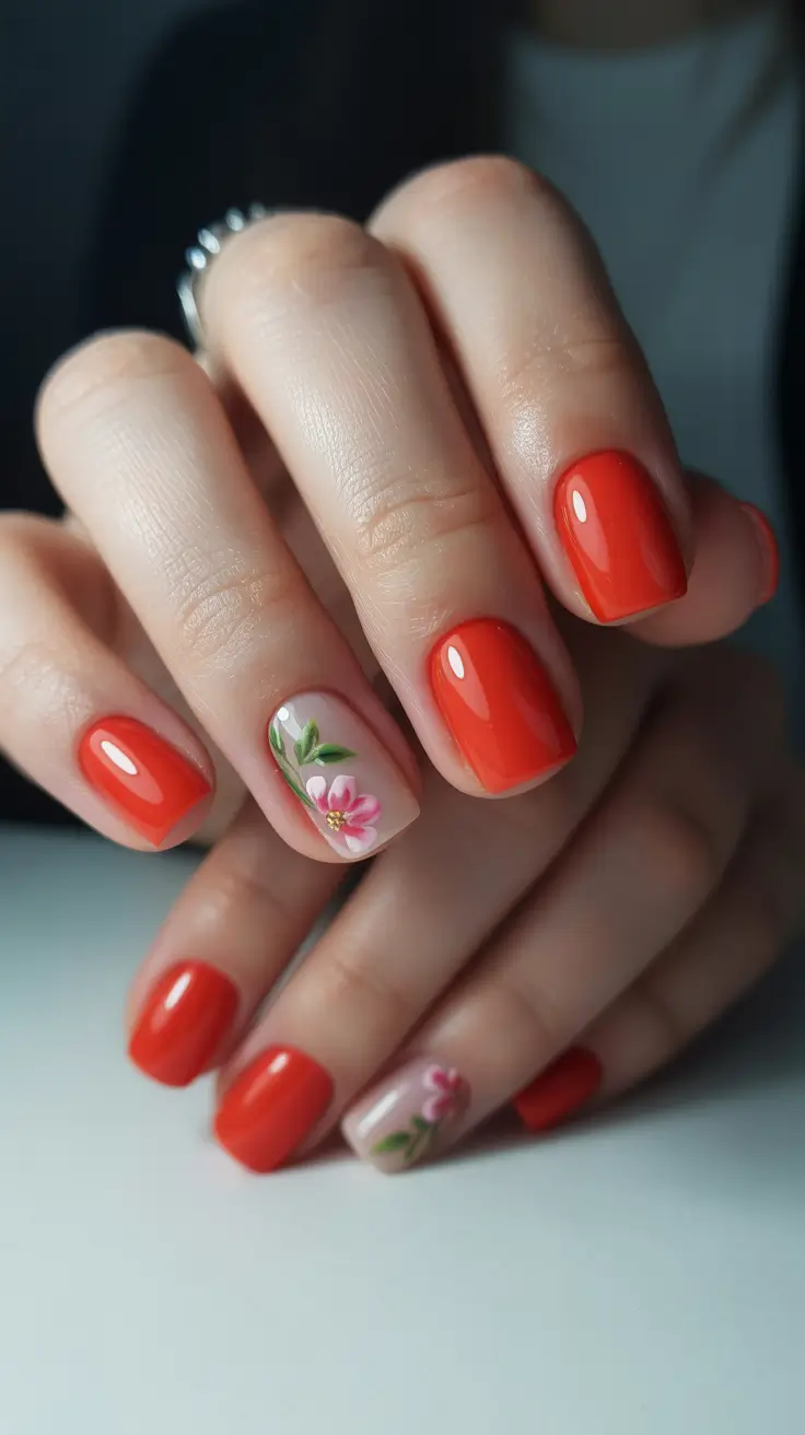 modern spring nails square inspo 2026 Coral Red with Floral Accent
