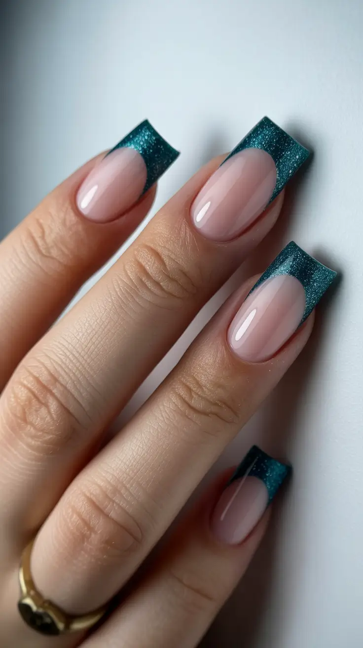 modern spring nails square inspo 2026 Emerald Glitter French Revival