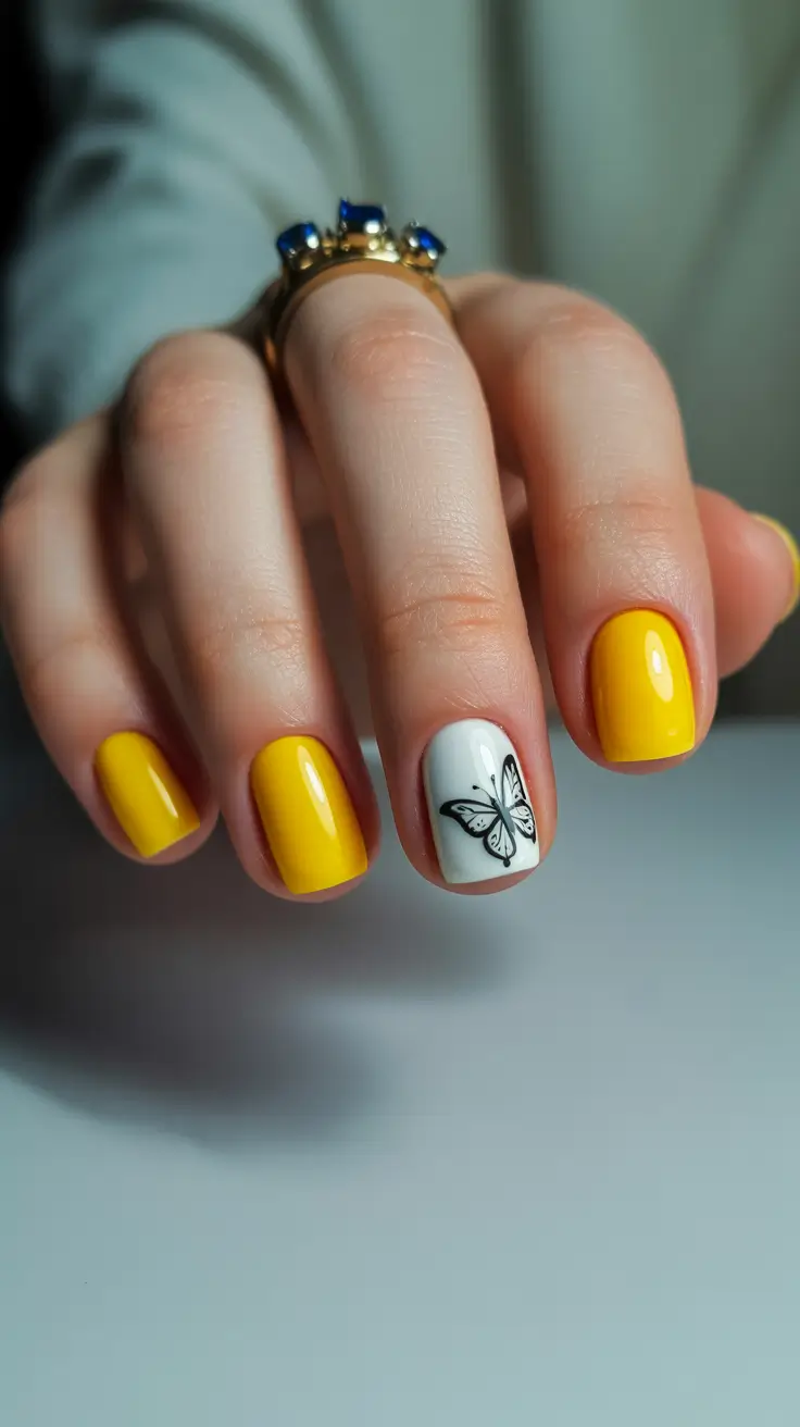 modern spring nails square inspo 2026 Sunlit Yellow with Graphic Butterfly Accent