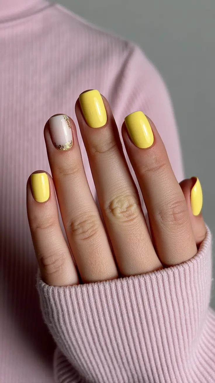 modern spring nails square inspo 2026 Lemon Cream Minimalism with Gold Detail