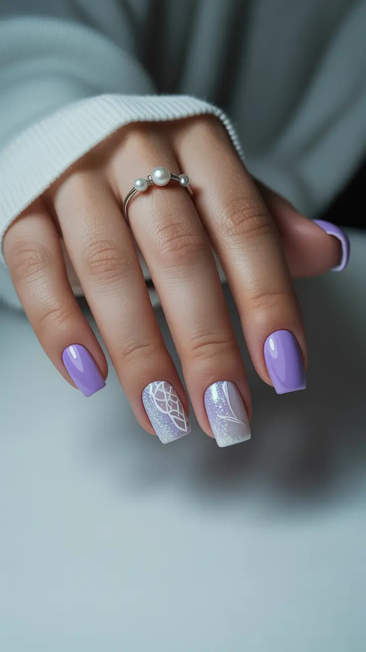 modern spring nails square inspo 2026 Lavender Lace Accent Elegance