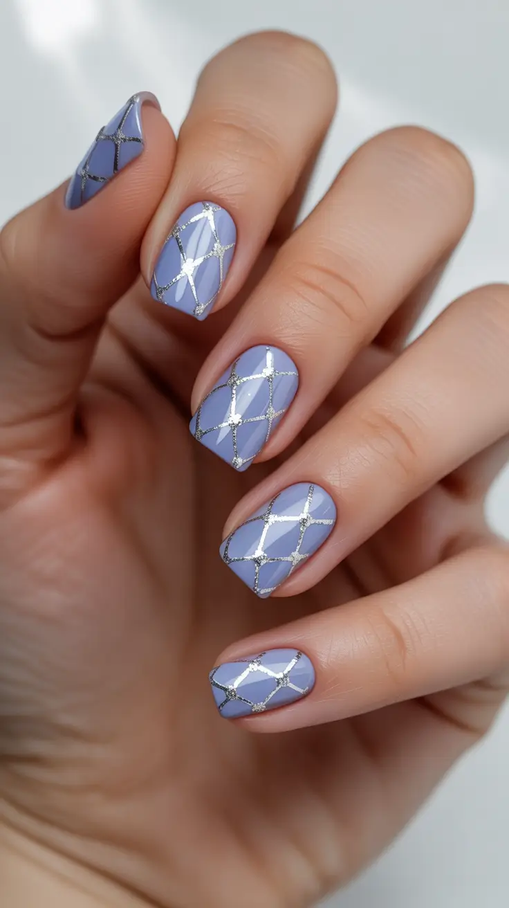 modern spring nails square inspo 2026 Periwinkle Silver Grid Drama