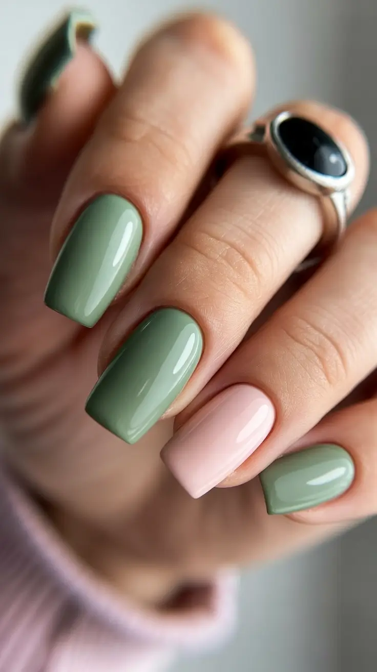 modern spring nails square inspo 2026 Sage & Blush Color-Block Balance