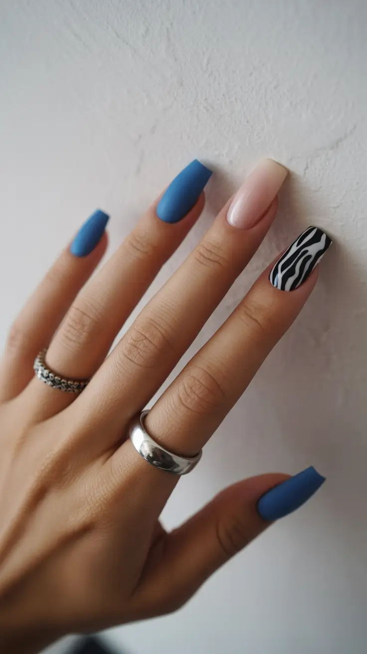 modern spring nails square inspo 2026 Matte Blue with Graphic Accent