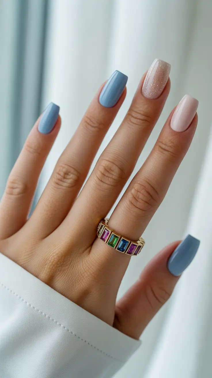 modern spring nails square inspo 2026 Soft Blue & Sheer Sparkle Mix