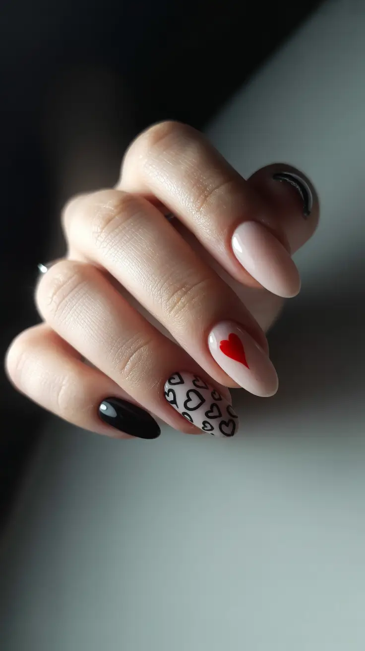 modern spring oval nails 2026 Romantic Minimalism with Graphic Hearts
