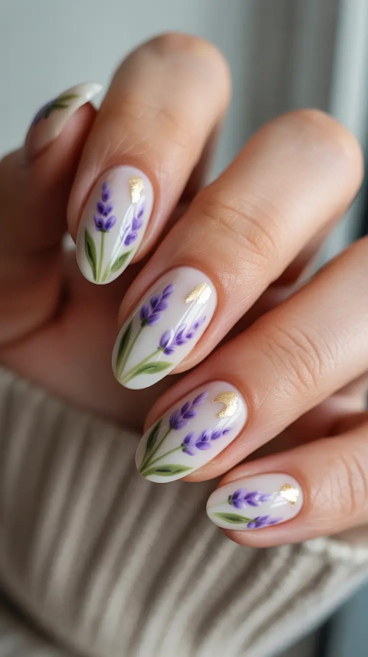 modern spring oval nails 2026 Lavender Garden Florals with Golden Highlights