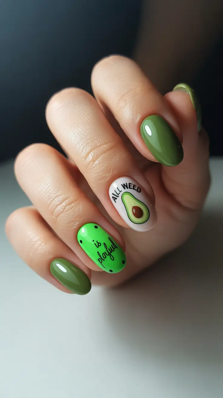 modern spring oval nails 2026 Playful Avocado Pop Art in Fresh Greens