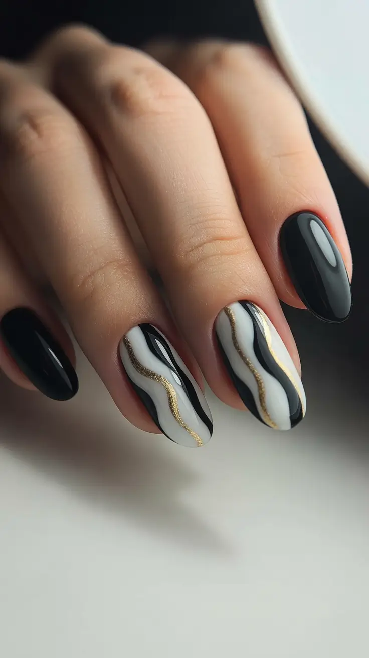 modern spring oval nails 2026 Monochrome Marble with Liquid Gold Waves