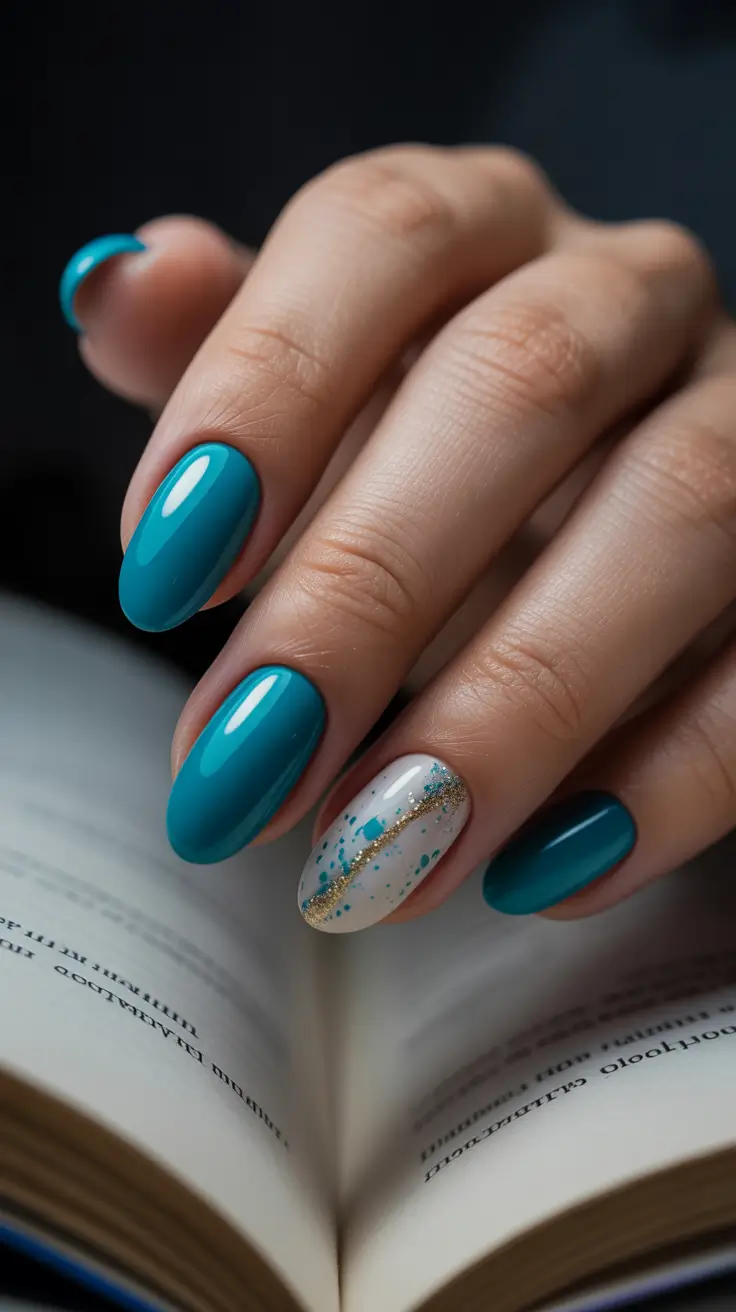 modern spring oval nails 2026 Teal Serenity with Glittered Accent Spark