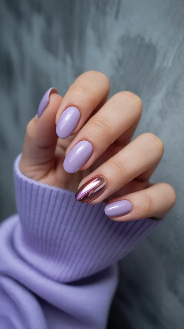modern spring oval nails 2026 Lavender Gloss with Futuristic Chrome Accent