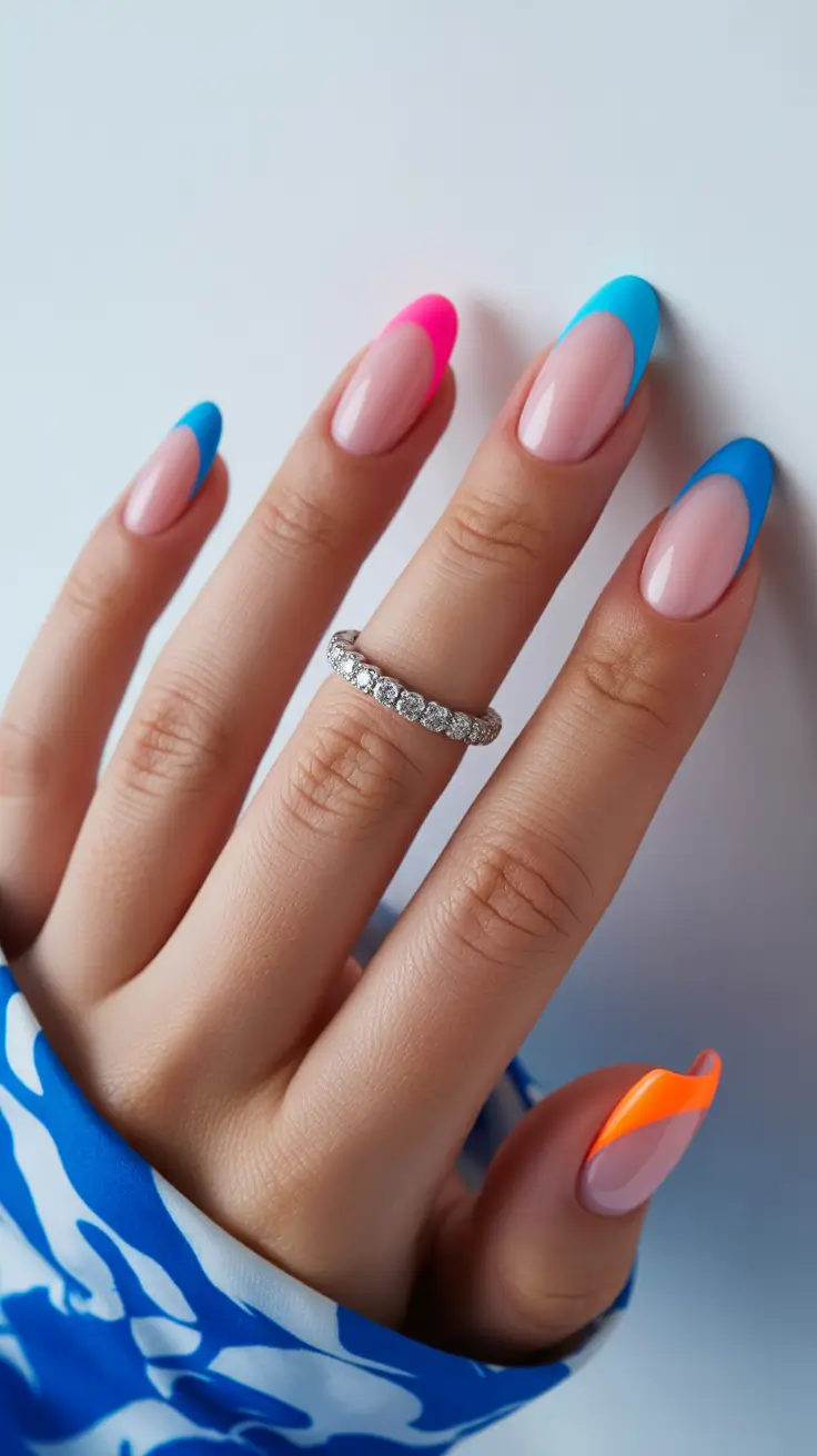 modern spring oval nails 2026 Color-Blocked Neon French with Playful Energy
