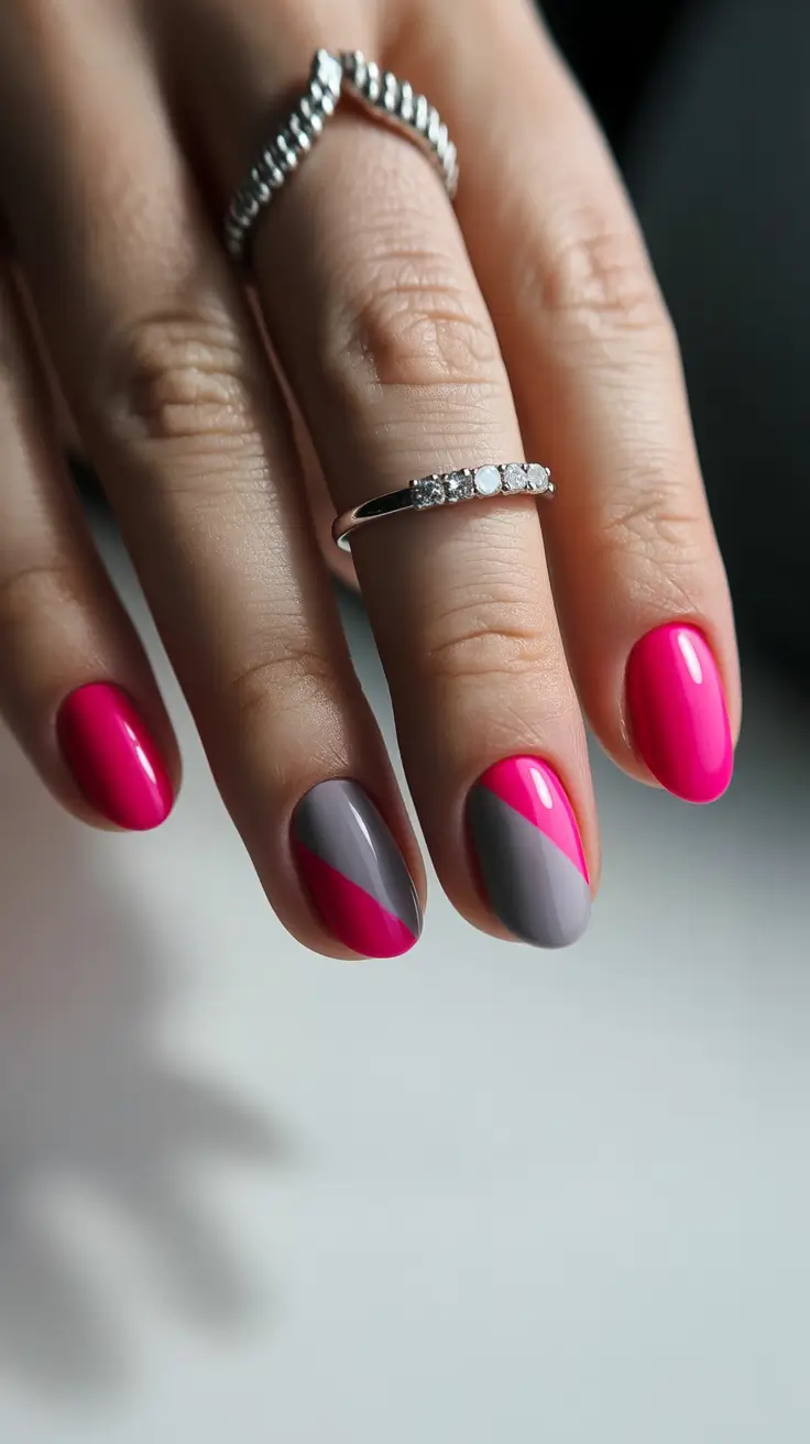 modern spring oval nails 2026 Graphic Pink and Grey Diagonal Contrast