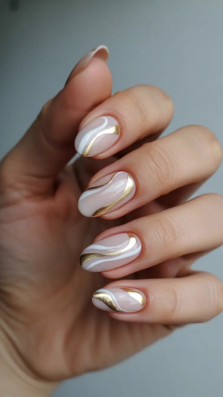 modern spring oval nails 2026 Milky White Waves with Liquid Gold Elegance