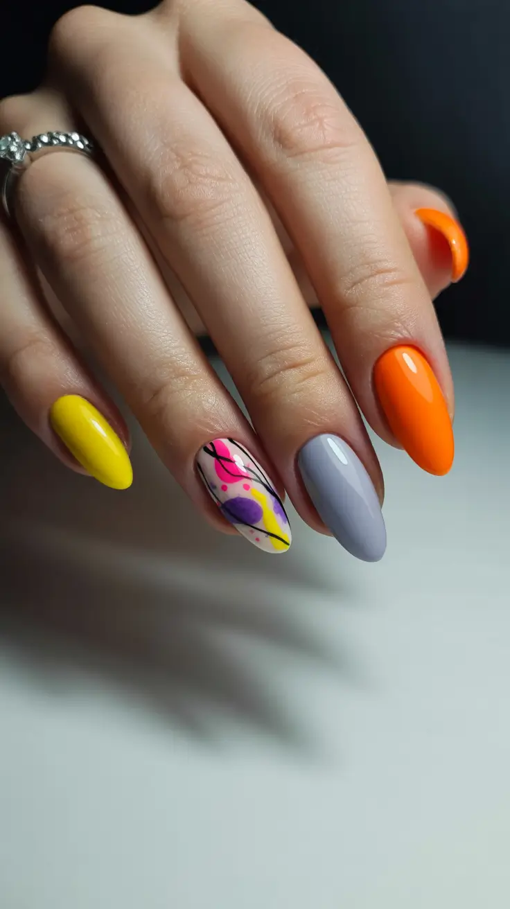 modern spring oval nails 2026 Abstract Color Splash with Vibrant Spring Palette
