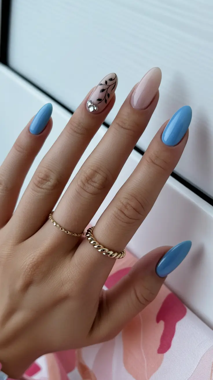 modern spring oval nails 2026 Powder Blue Calm with Botanical Accent