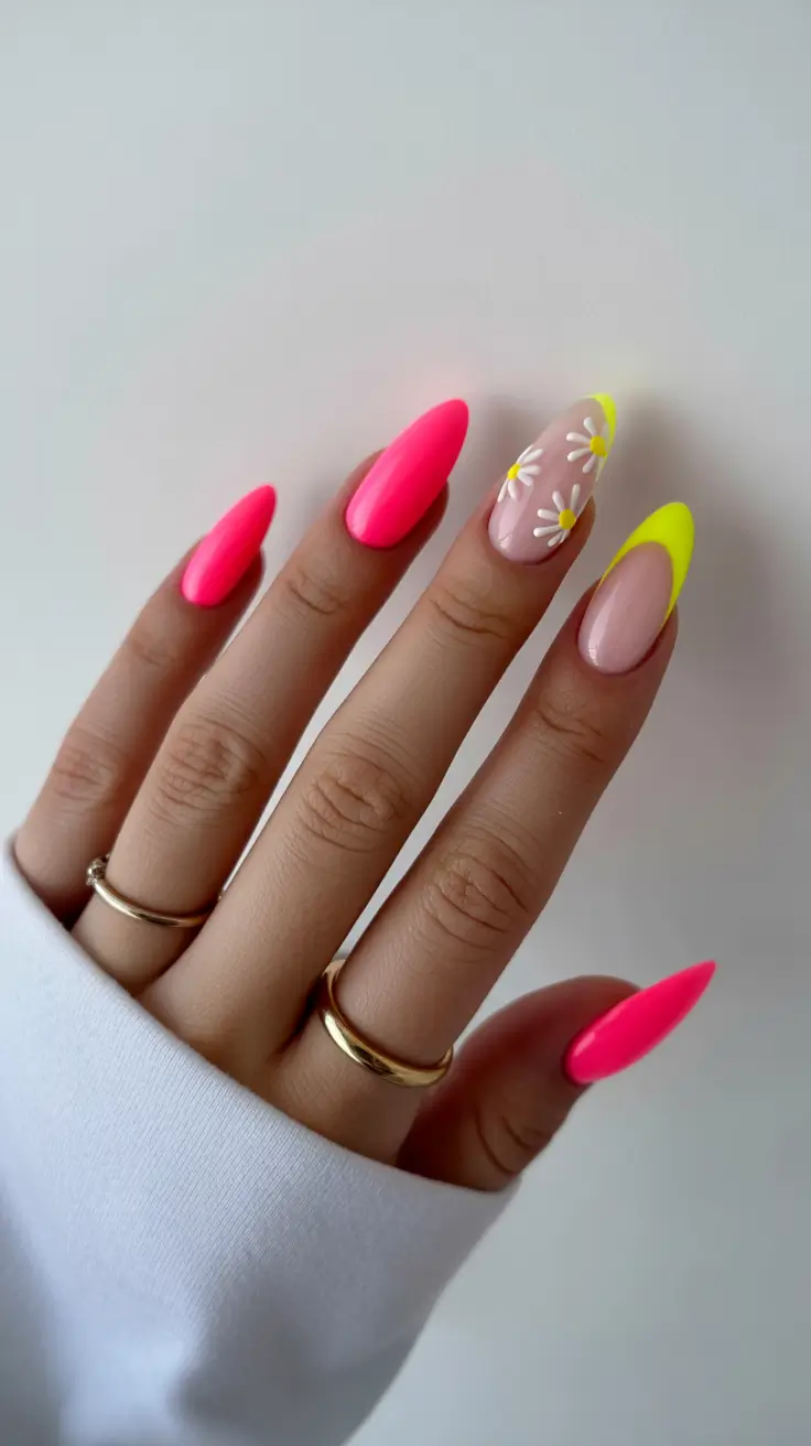 modern spring oval nails 2026 Neon Daisy French with Playful Romance