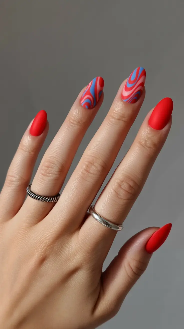 modern spring oval nails 2026 Retro Coral Swirls with Playful Pop Energy