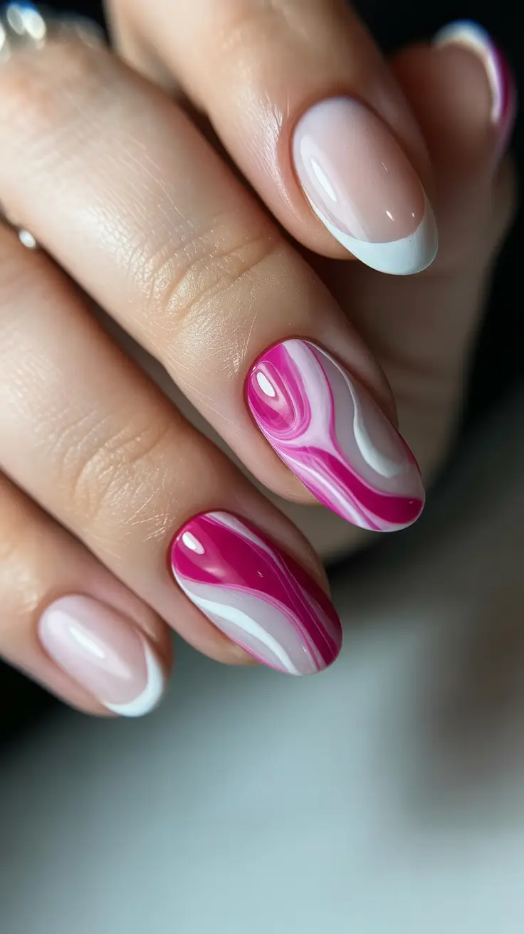 modern spring oval nails 2026 Swirled Pink Energy Meets Modern French