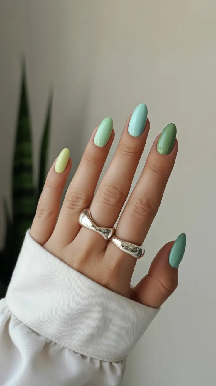 modern spring oval nails 2026 Fresh Mint and Pistachio Palette Revival