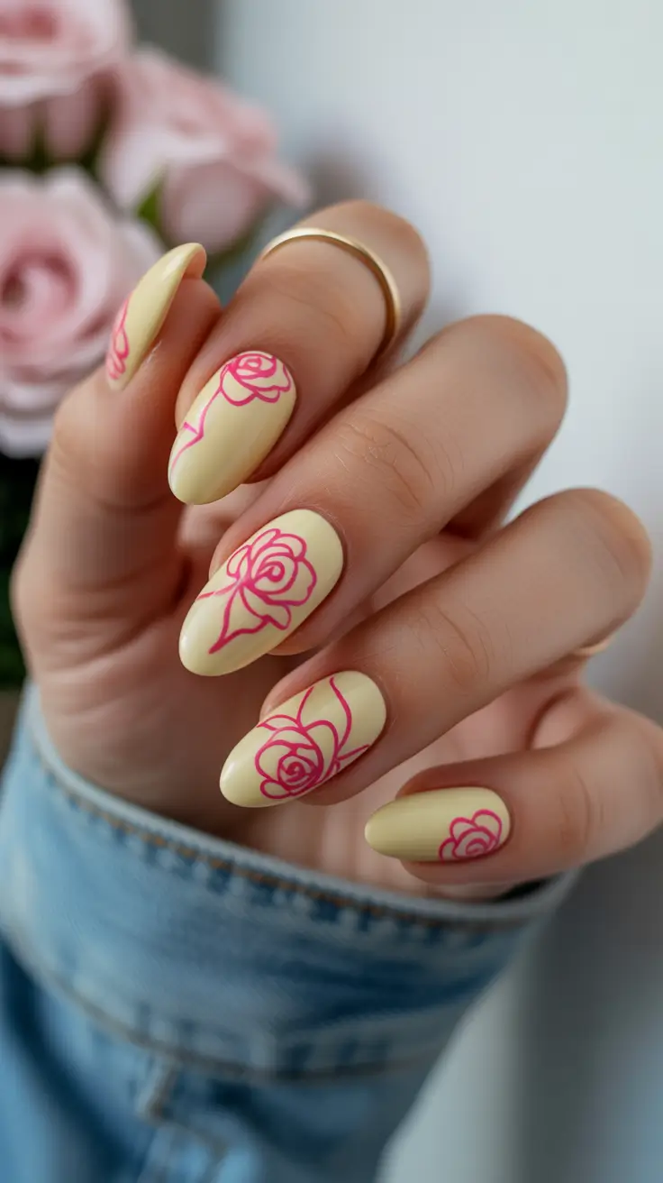 modern spring oval nails 2026 Buttercream Base with Graphic Rose Line Art