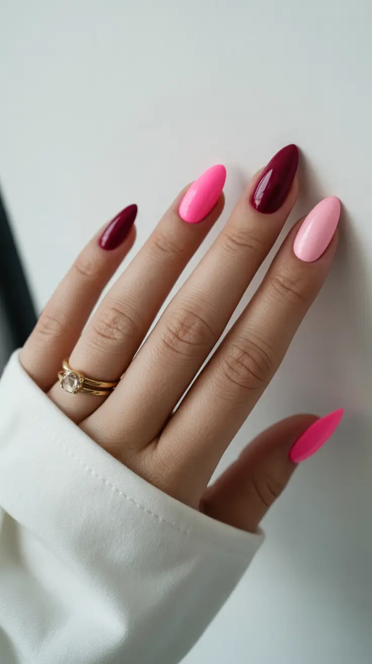 modern spring oval nails 2026 Playful Pink Spectrum with Berry Contrast