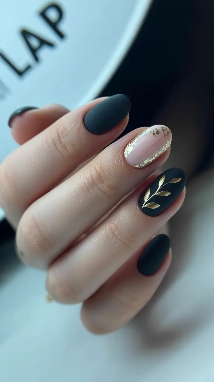 modern spring oval nails 2026 Matte Noir Sophistication with Golden Botanical Detail