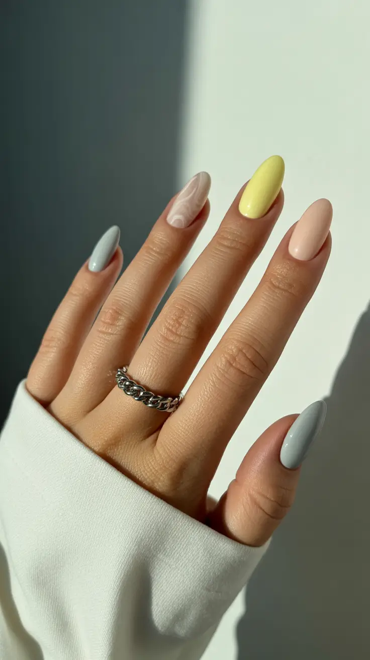 modern spring oval nails 2026 Sunlit Neutrals with Soft Yellow Accent